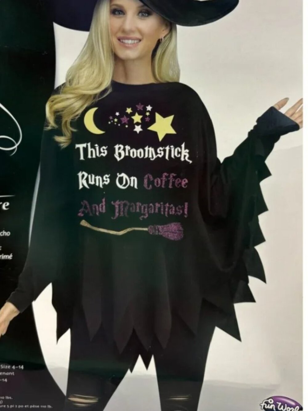 Witch Poncho Halloween Black THIS BROOMSTICK RUNS ON COFFEE & MARGARITAS One Sz